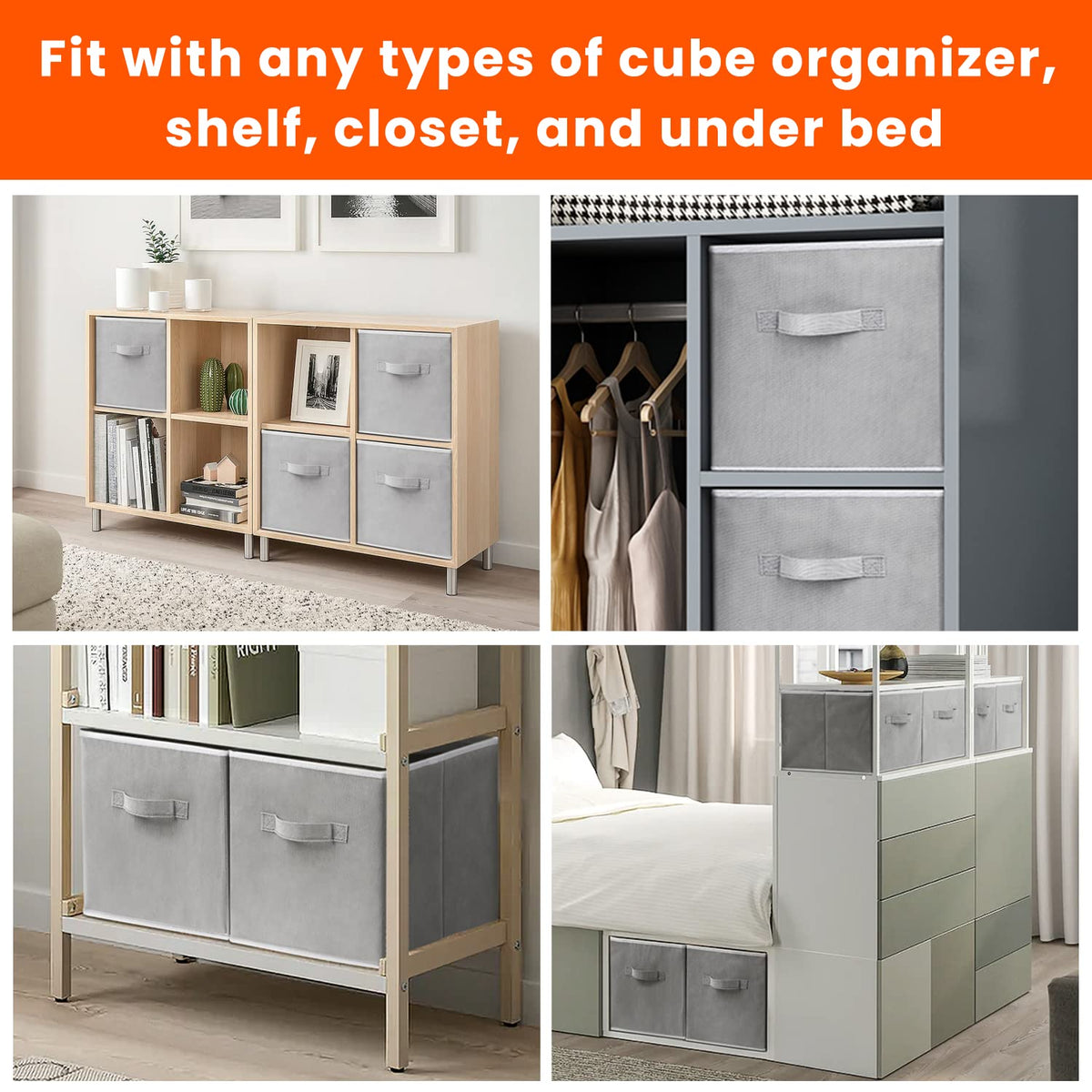 Criusia 11-inch gray bin on a closet shelf for clothes