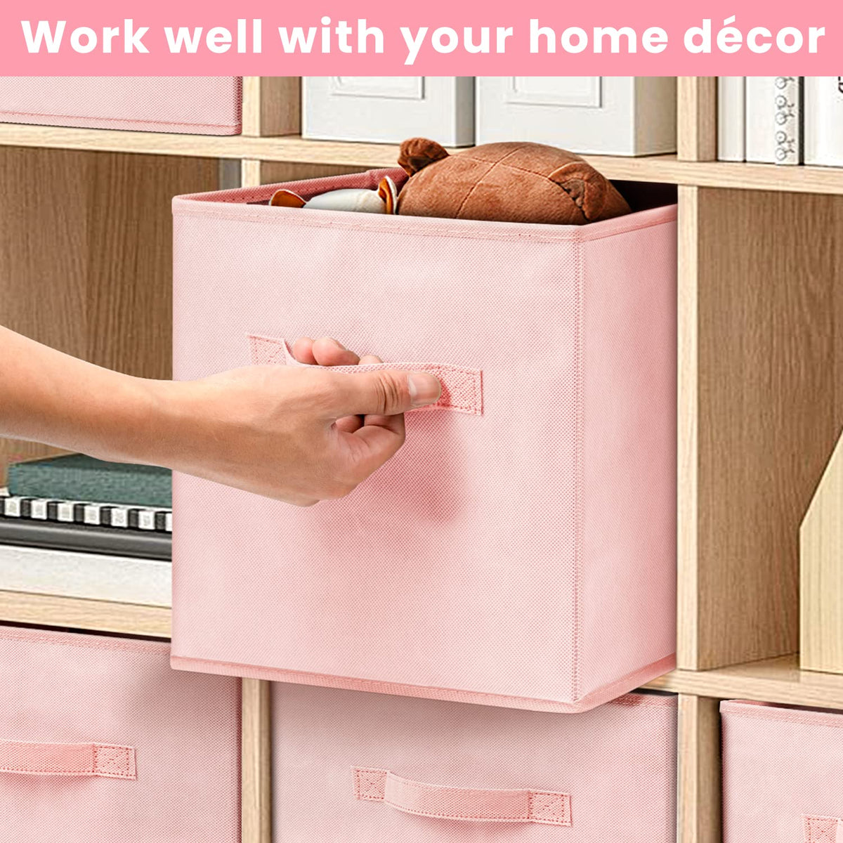 Criusia eight-pack pink bins arranged for bedroom closet organization