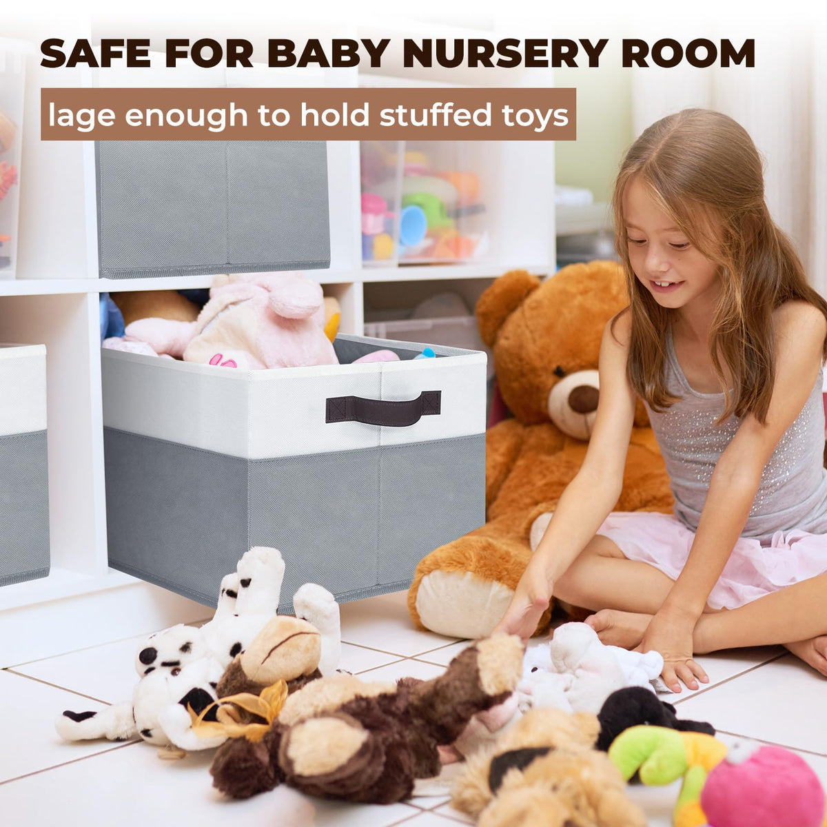 Criusia two-tone fabric storage bin with brown handles adds tasteful storage in any room.