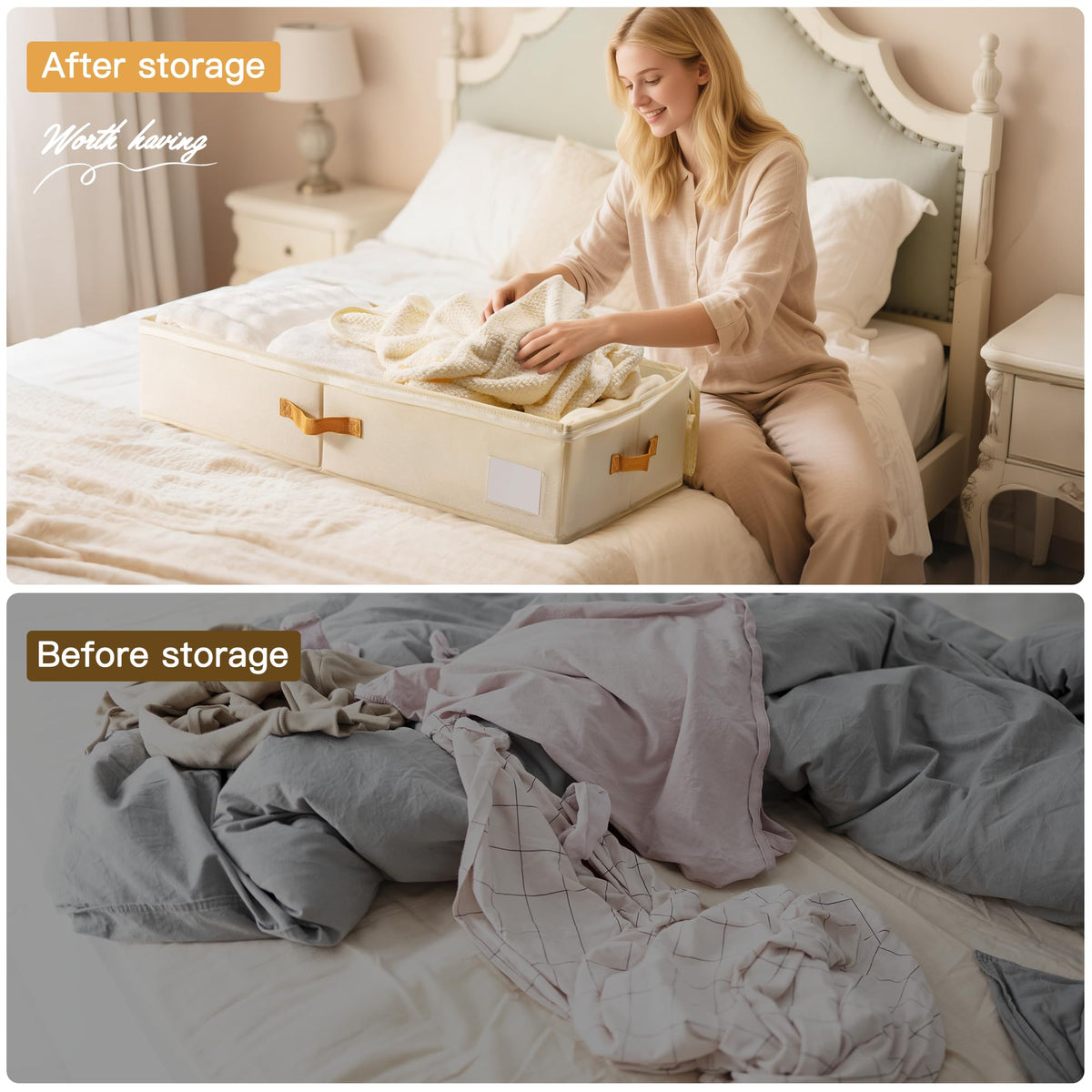 Criusia under-bed bin with 80G non-woven fabric for sturdy storage.
