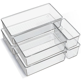 Criusia XL drawer organizer in clear acrylic keeps utensils neatly separated.
