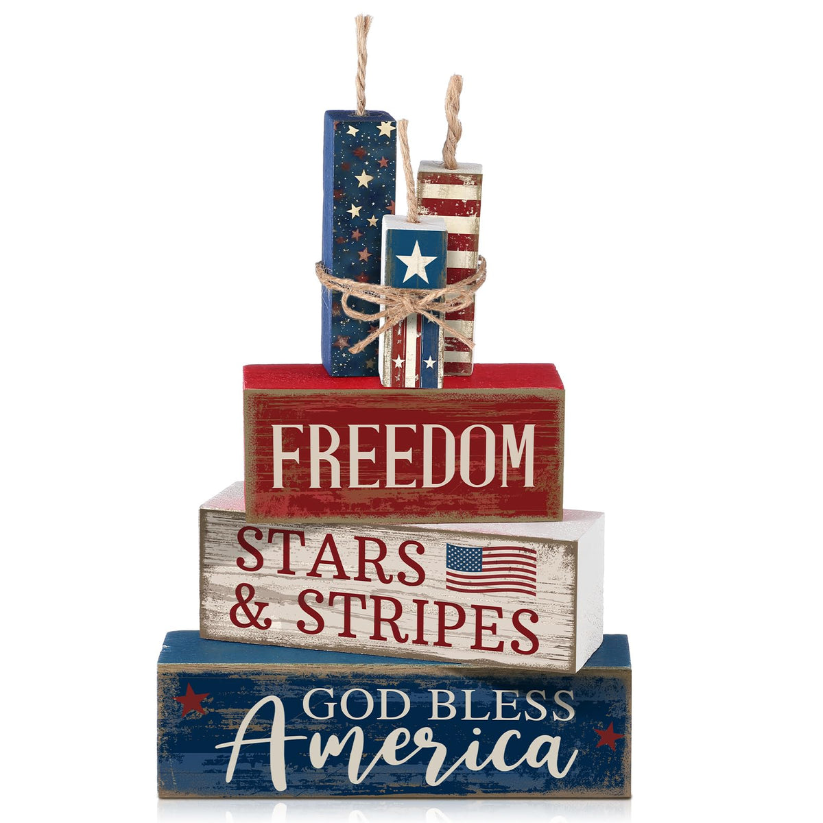 CroBlissful 4th of July décor blocks on mantel for patriotic display.