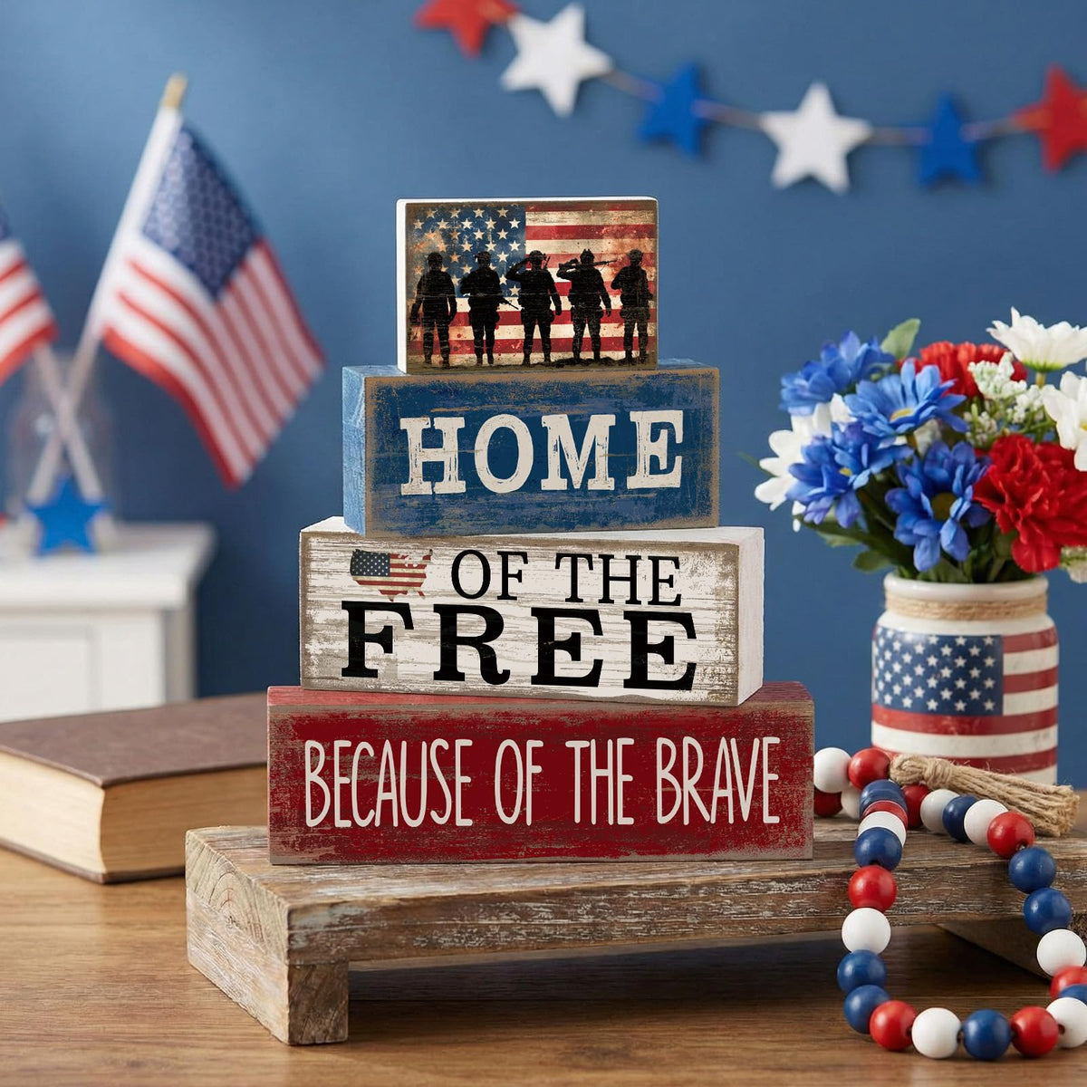 CroBlissful four-piece patriotic wood decor set for versatile tabletops