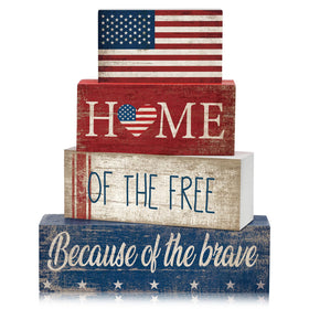CroBlissful Fourth of July flag block centerpiece adds festive charm to any table.
