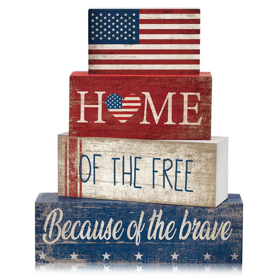 CroBlissful Fourth of July flag block centerpiece adds festive charm to any table.