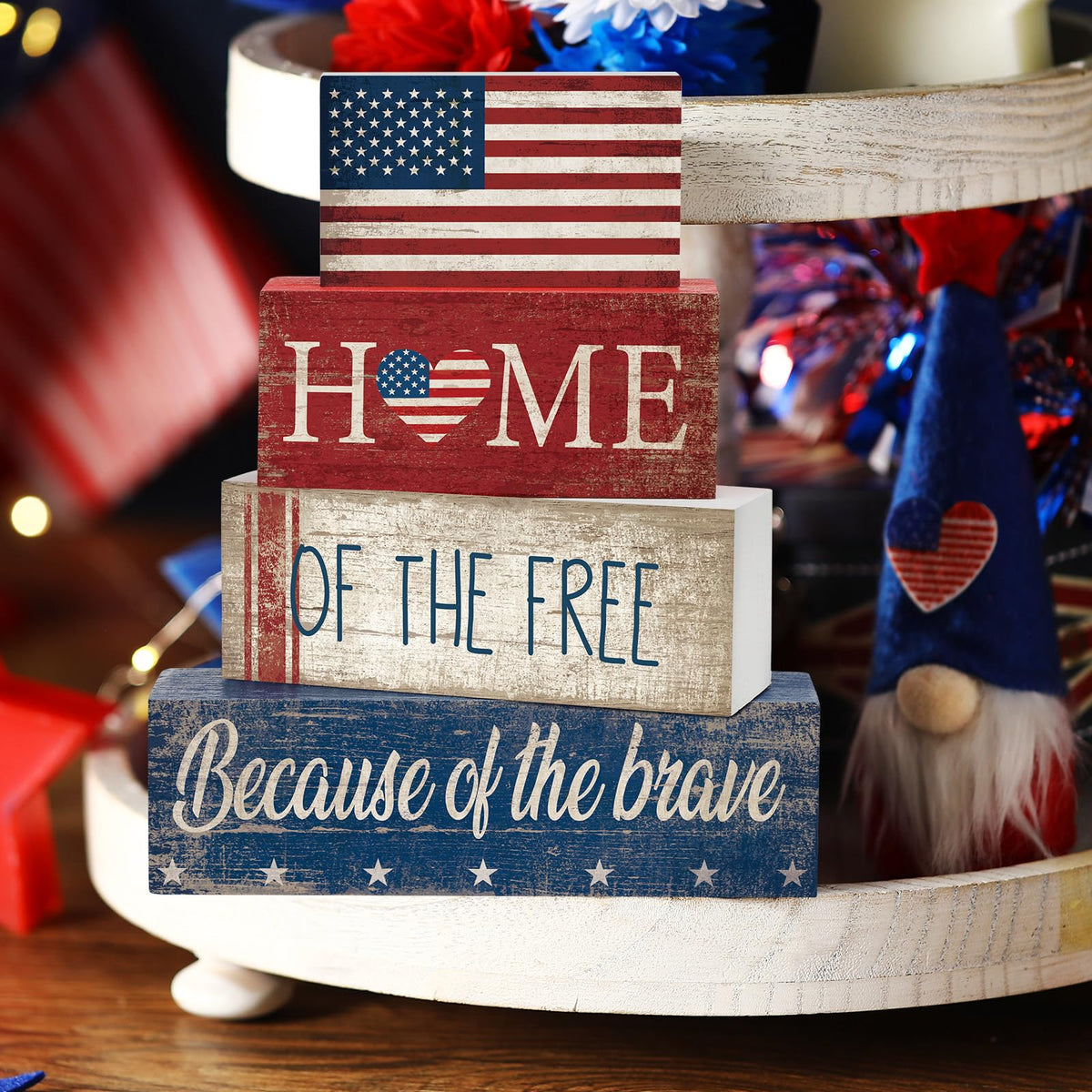 CroBlissful patriotic block decor creates versatile display on mantel or tiered tray.