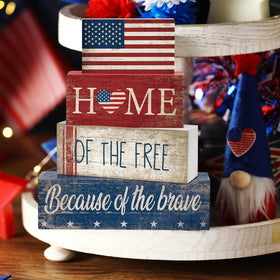 CroBlissful patriotic block decor creates versatile display on mantel or tiered tray.