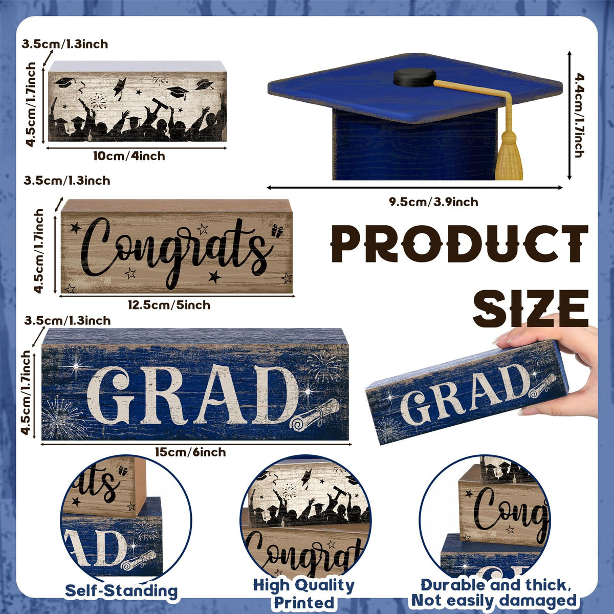 CroBlissful graduation tiered-tray decor in wood provides durable, reusable decor for many occasions.