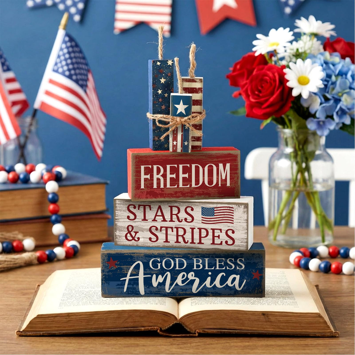 CroBlissful Independence Day signs set enhances table centerpiece display.