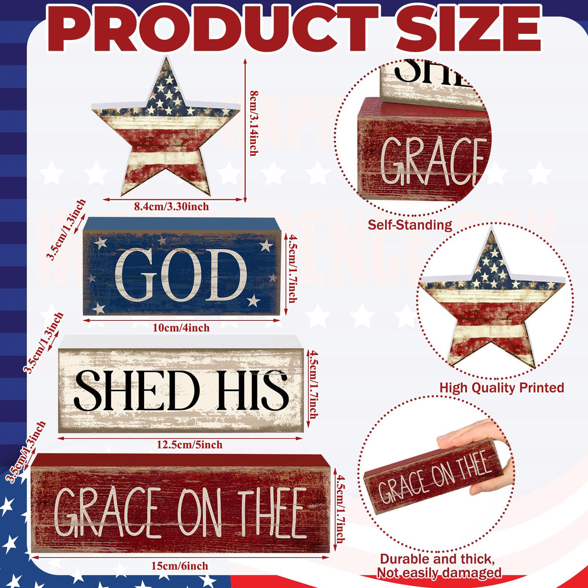 CroBlissful Memorial Day wooden decor adds rustic charm to shelves.