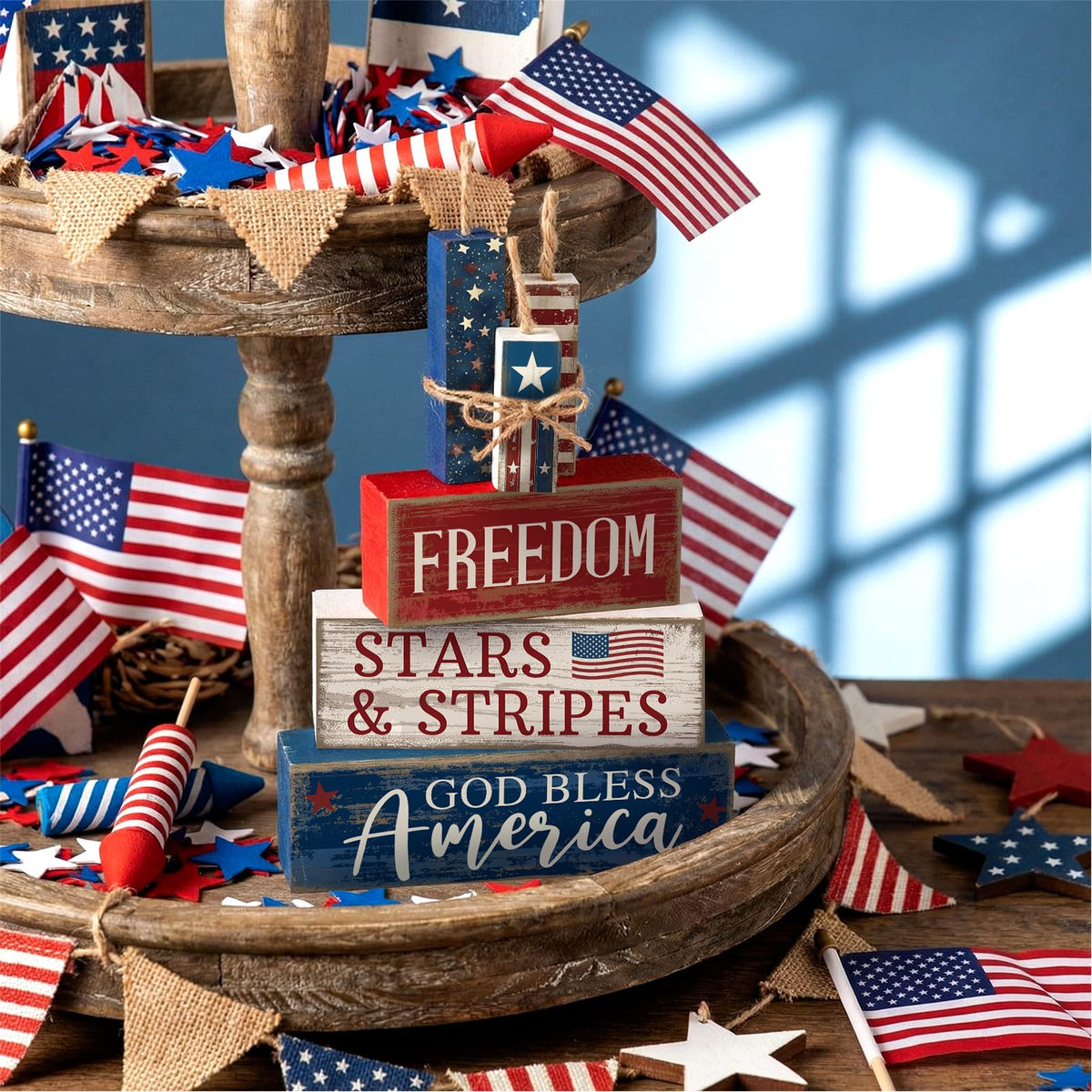 CroBlissful office patriotic decor on desk adds subtle holiday cheer.