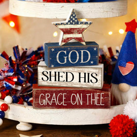 CroBlissful patriotic table sign enhances mantels with a patriotic vibe.
