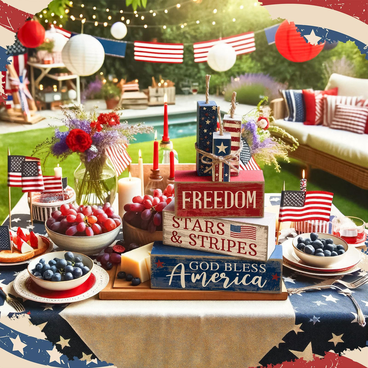 CroBlissful red white blue centerpieces add festive table appeal.
