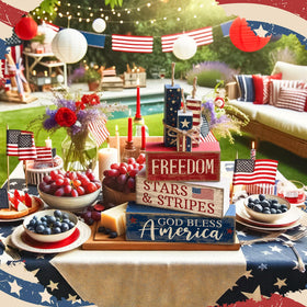 CroBlissful red white blue centerpieces add festive table appeal.