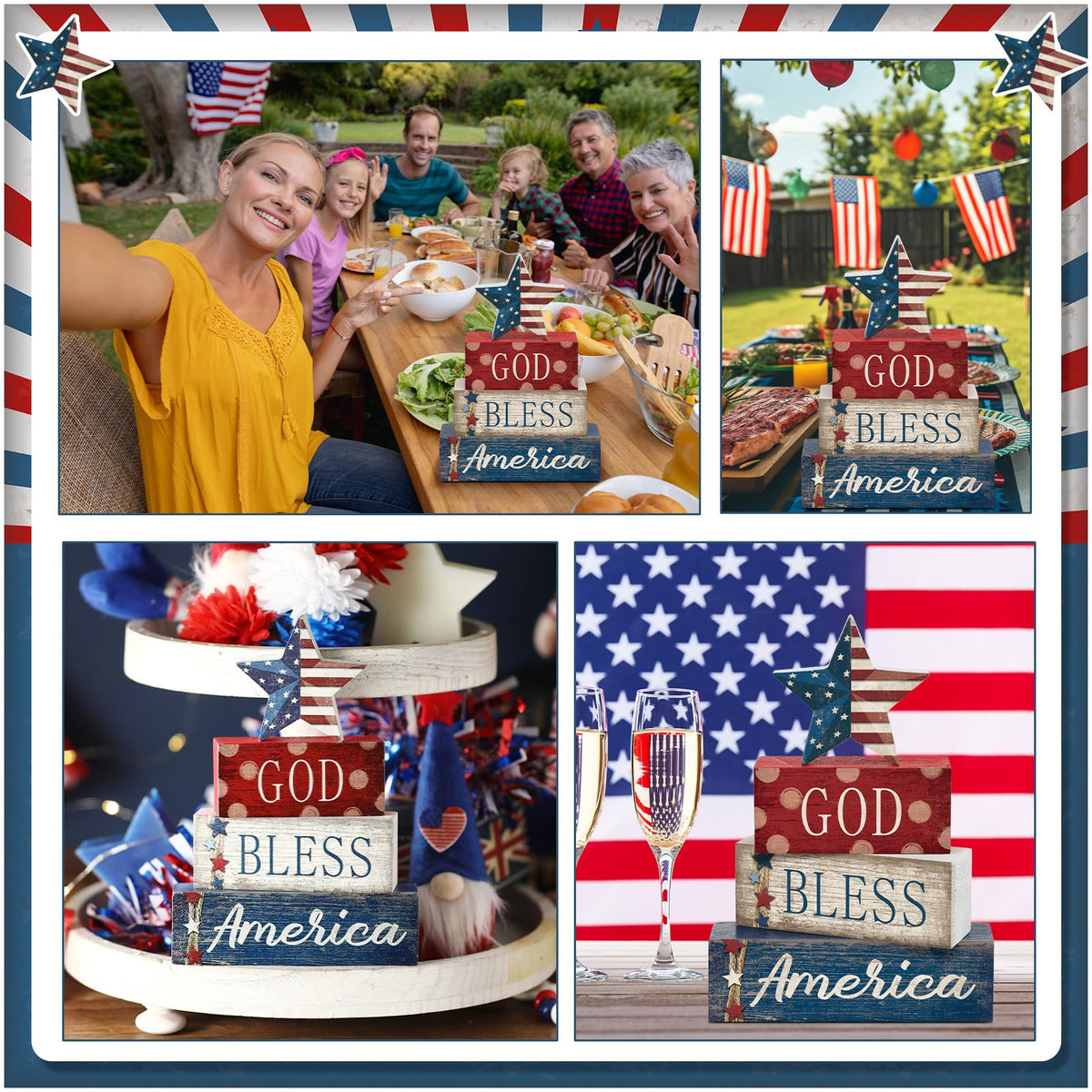 CroBlissful red white blue wood decor pieces bring seasonal color to desks
