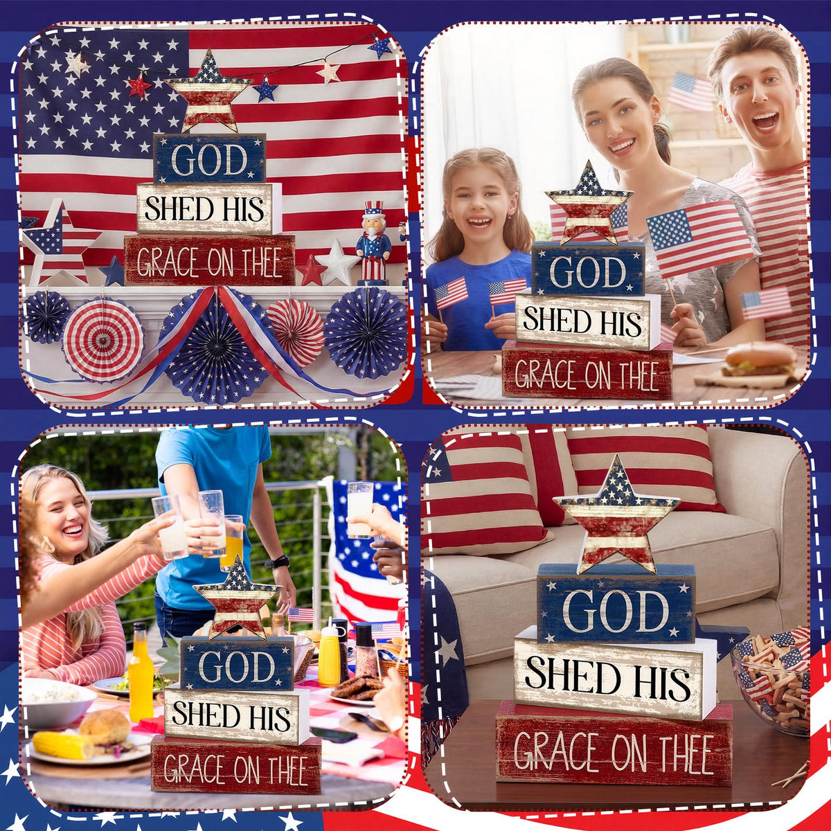 CroBlissful rustic patriotic shelf decor complements tables and mantels.