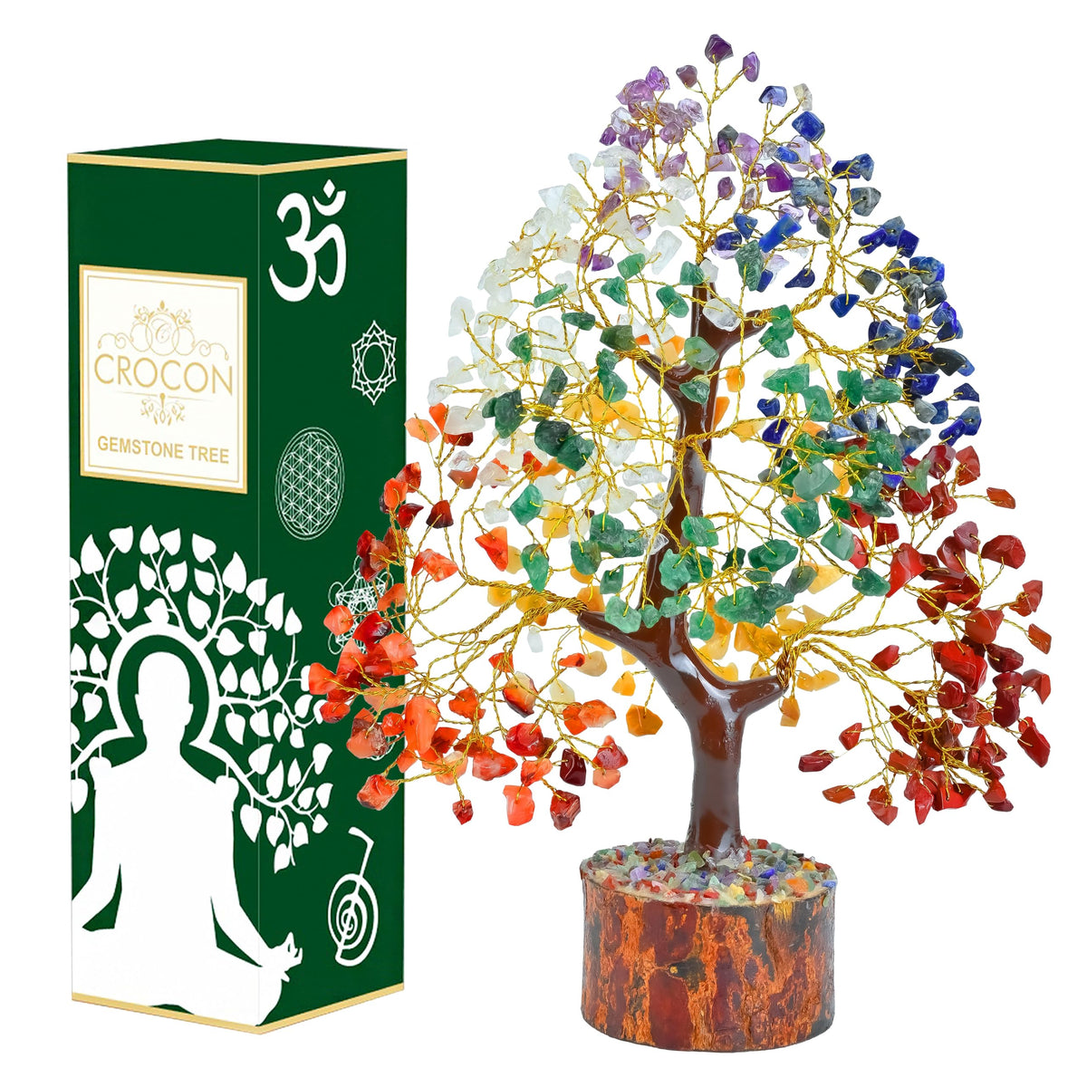 Crocon seven chakra tree life crystals on branches for balanced energy display.
