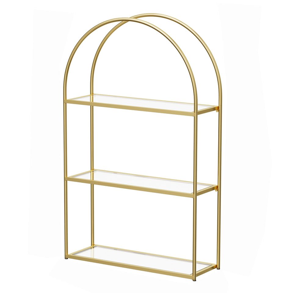 Crofy Gold Arched Frame Wall Shelf shows three-tier display and sturdy storage.