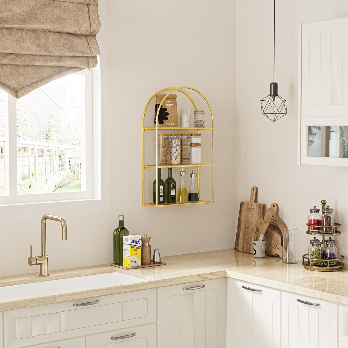 Crofy Gold Arched Frame Shelf ready to mount with eyelet hangers.