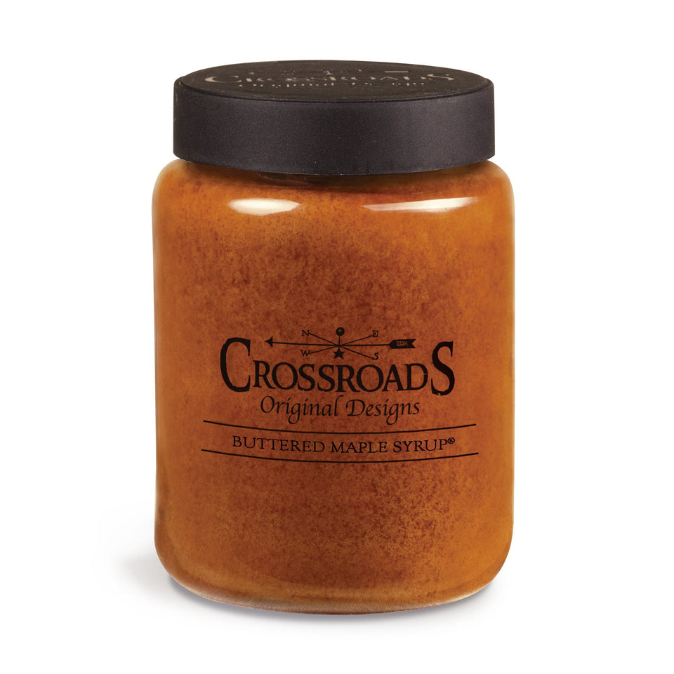 Crossroads Original Designs Buttered Maple Syrup candle in a 26oz jar for cozy evenings