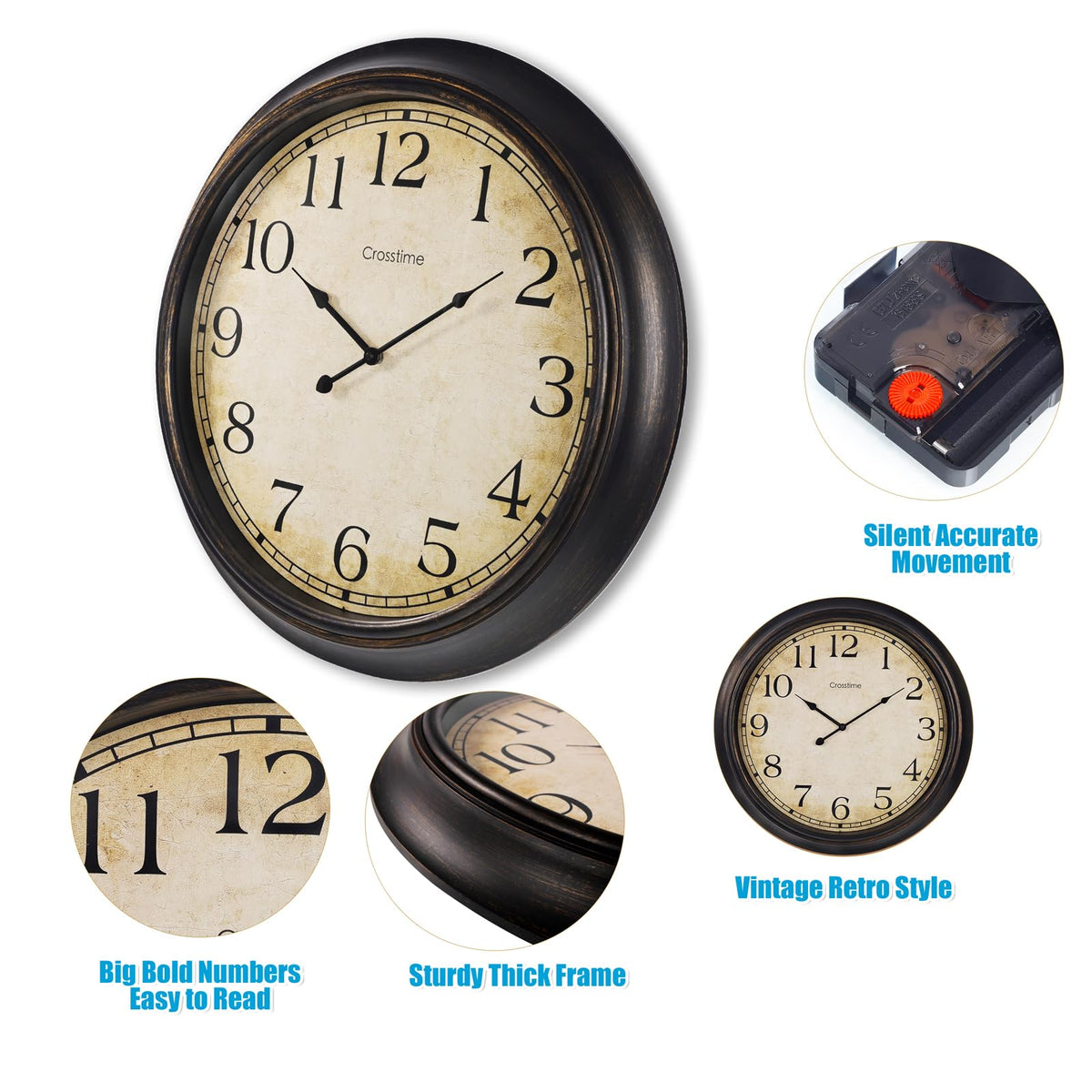 Crosstime 24-Inch clock showing protective glass lens and glare resistance.