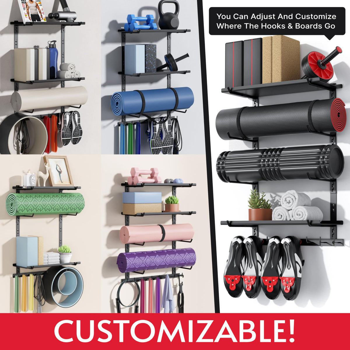 Crostice storage shelf adjustable holders allow flexible setup for different routines