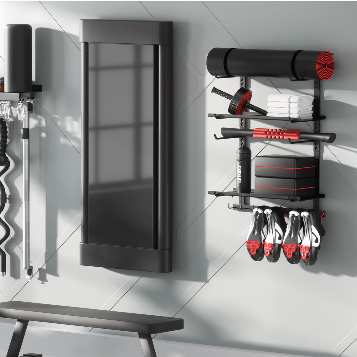 Crostice storage shelf supports Peloton shoes and yoga mat for easy access