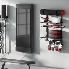Crostice storage shelf supports Peloton shoes and yoga mat for easy access