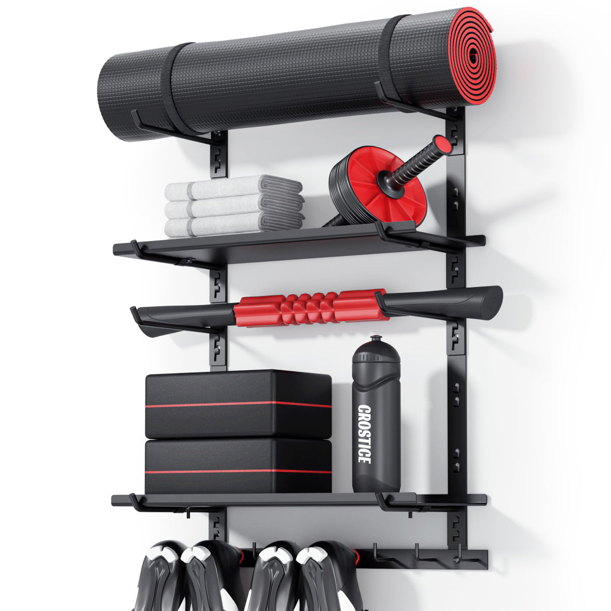 Crostice home gym storage shelf with two boards keeps footwear organized for workouts