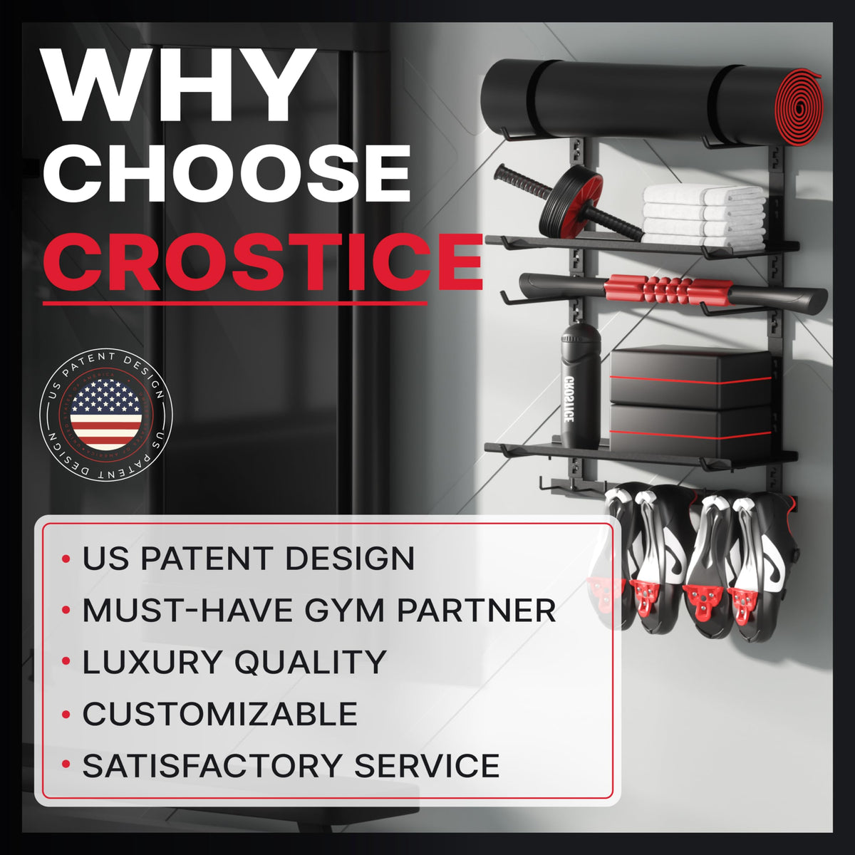 Crostice storage shelf wall-mount installation keeps equipment secure and reachable