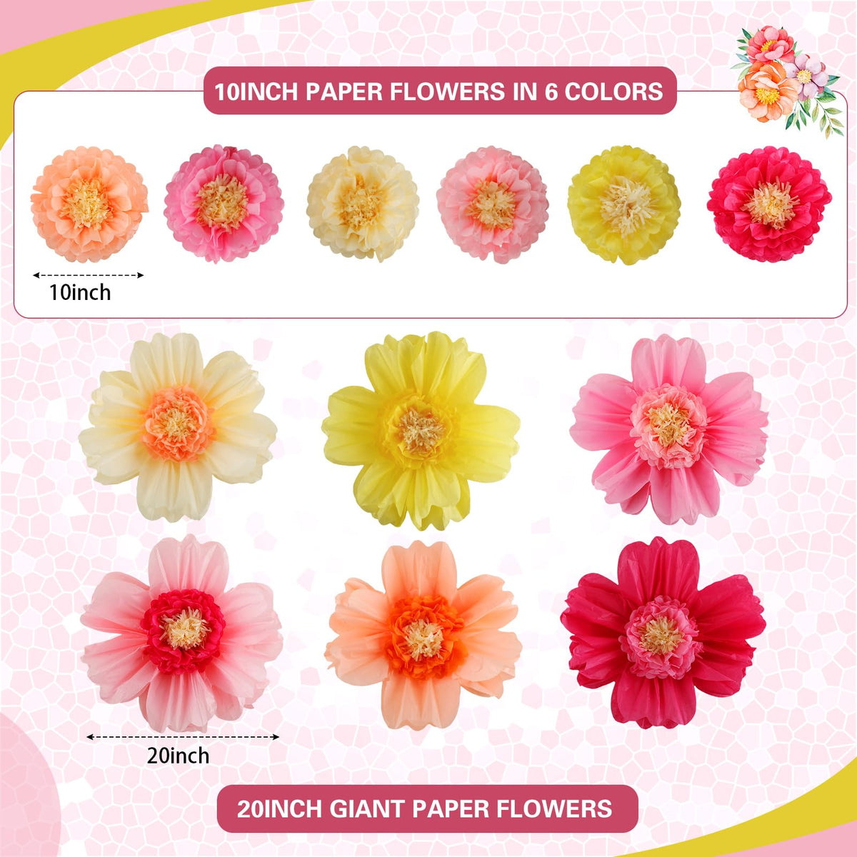 Crowye 24pcs tissue flowers in 10in size brighten tabletops and dessert tables.