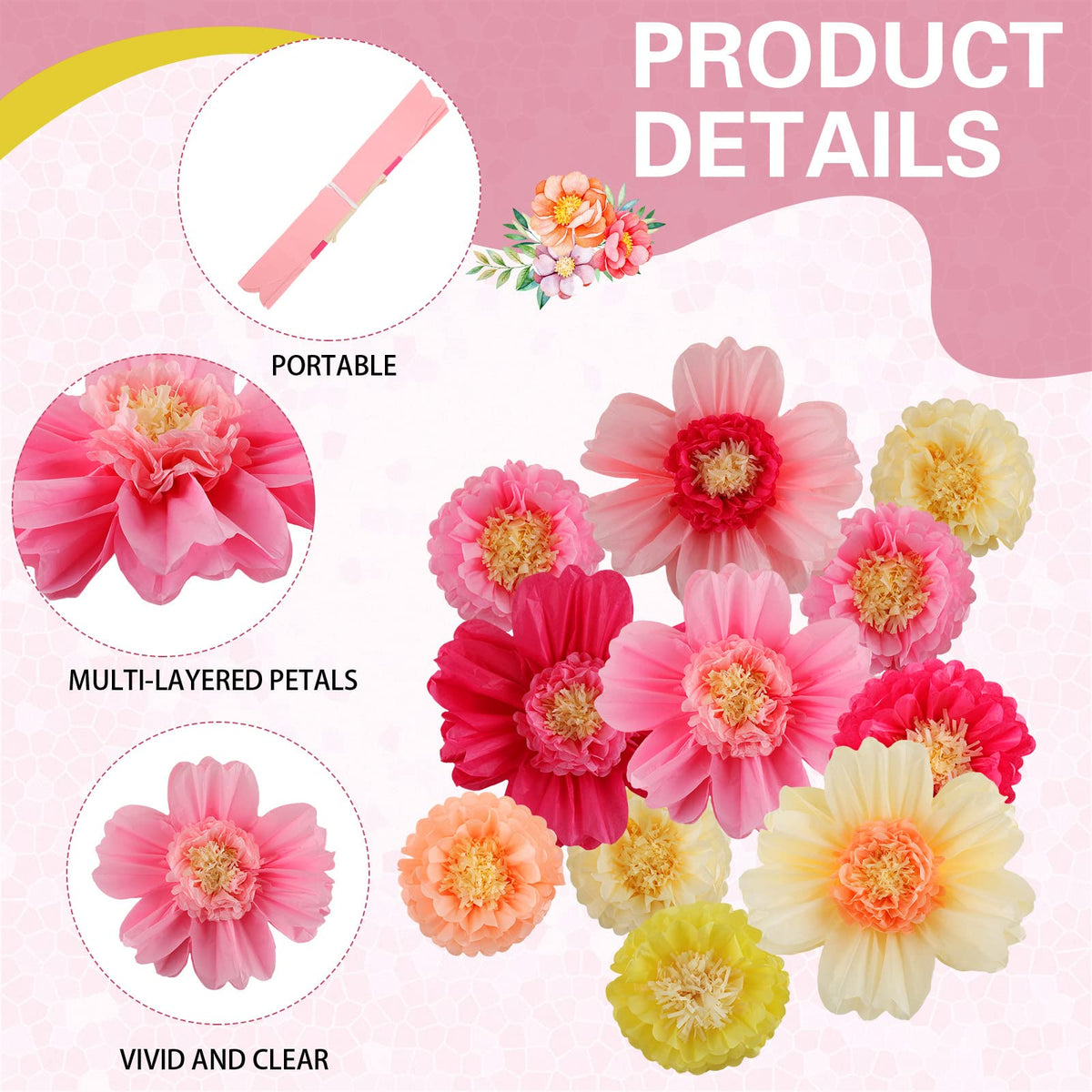 Crowye colorful tissue flower pack adds vibrant color to weddings and birthdays.