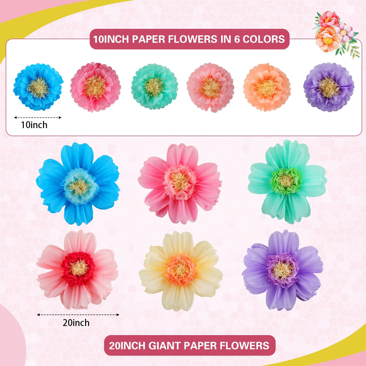 Crowye 20-inch colorful tissue flowers create dramatic centerpieces for weddings