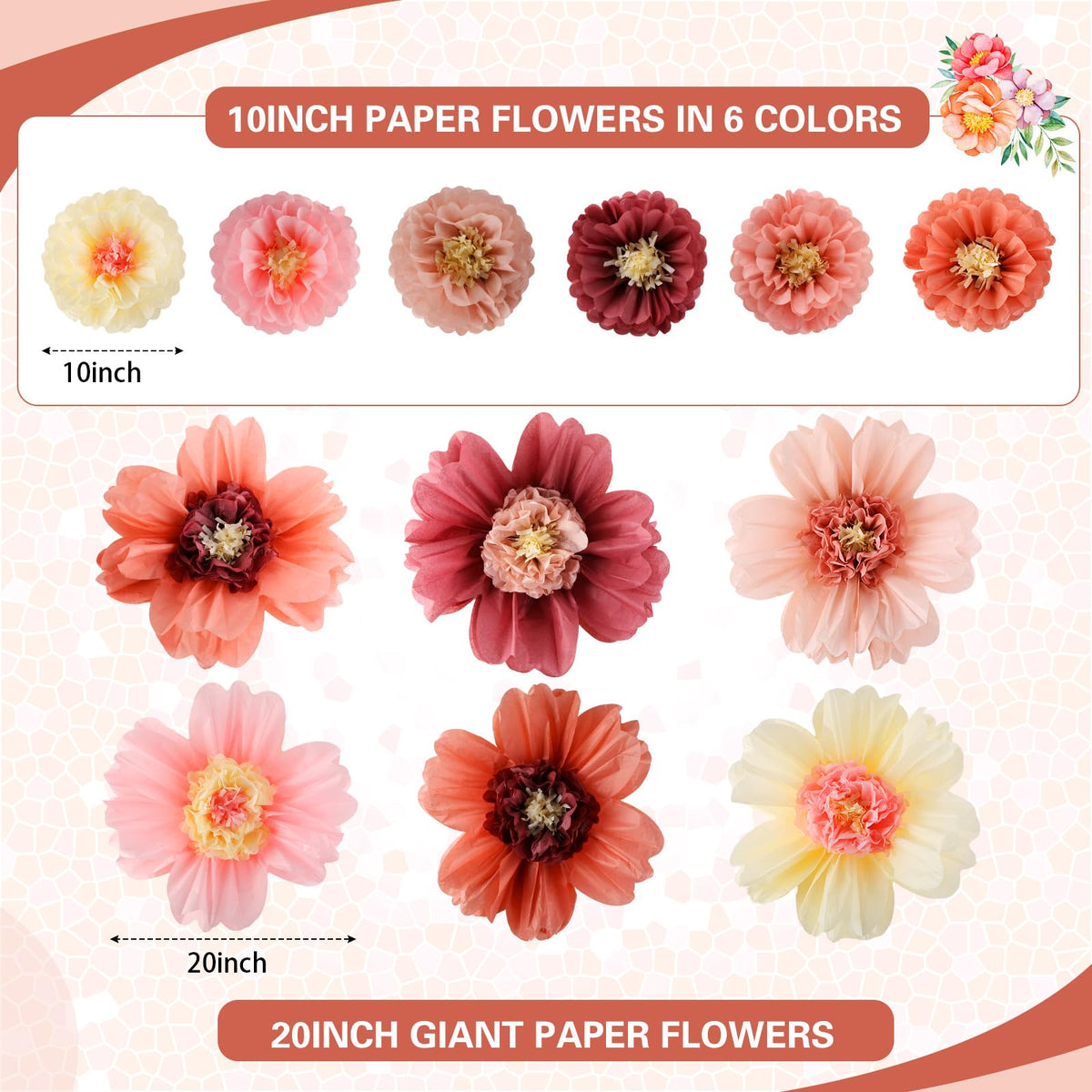 Crowye small tissue flower 10in multicolor versatile accent for tables