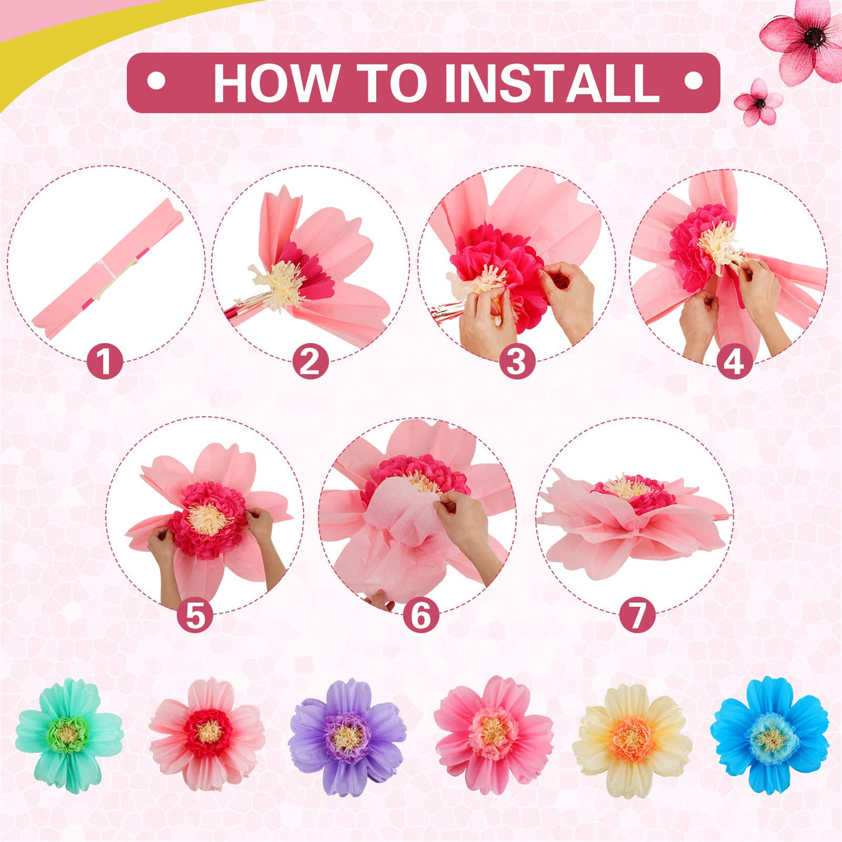 Crowye tissue paper flowers brighten dessert tables with eye-catching accents