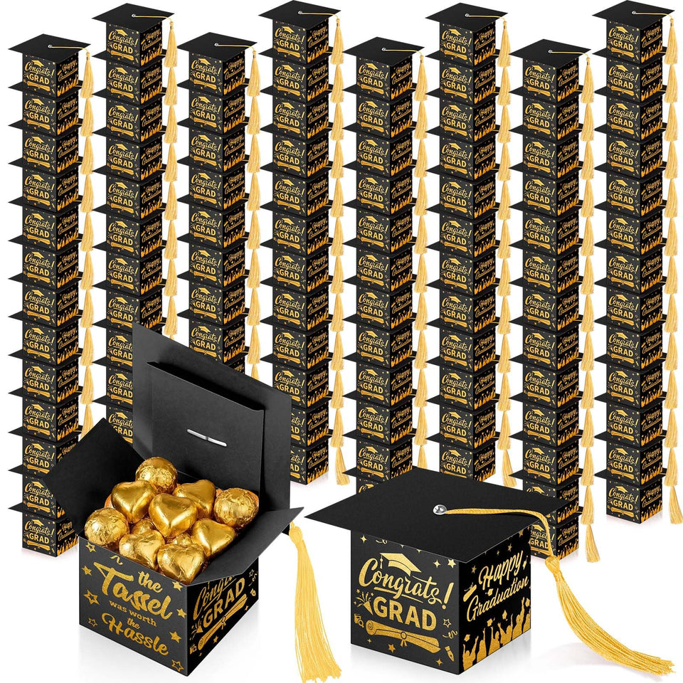 Crtiin graduation cap candy box in black and gold, ideal as elegant party favors.