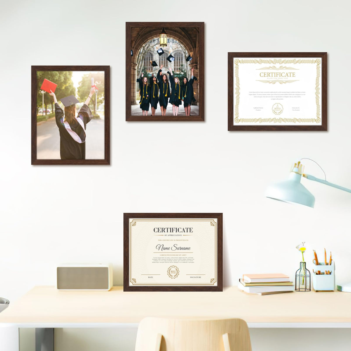 CRUGLA 8.5x11 frames feature sturdy kickstands and hangers for versatile placement.