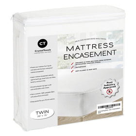 CrystalTowels waterproof mattress protector with 6-sided zip encasement for full coverage.