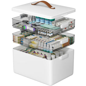 CTIME 3-Tier Medicine Organizer with leather handle for easy access at home.