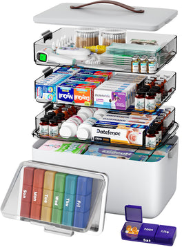 CTIME 4-Tier XL medicine organizer with leather handle for portable storage