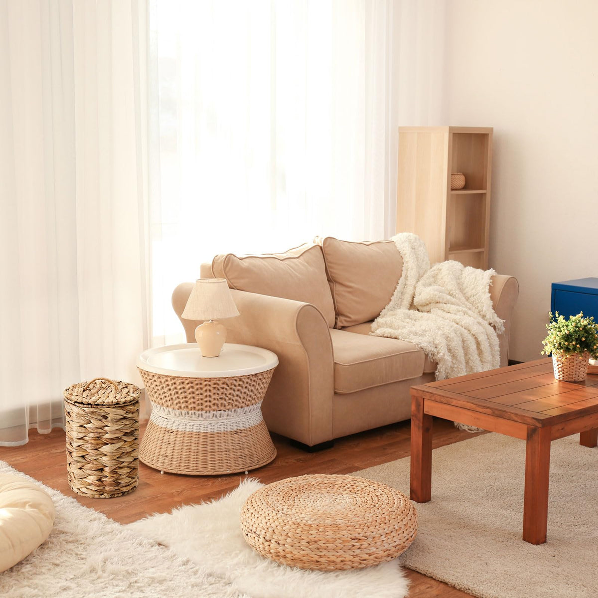 Ctosree trash can in living room blends with decor.