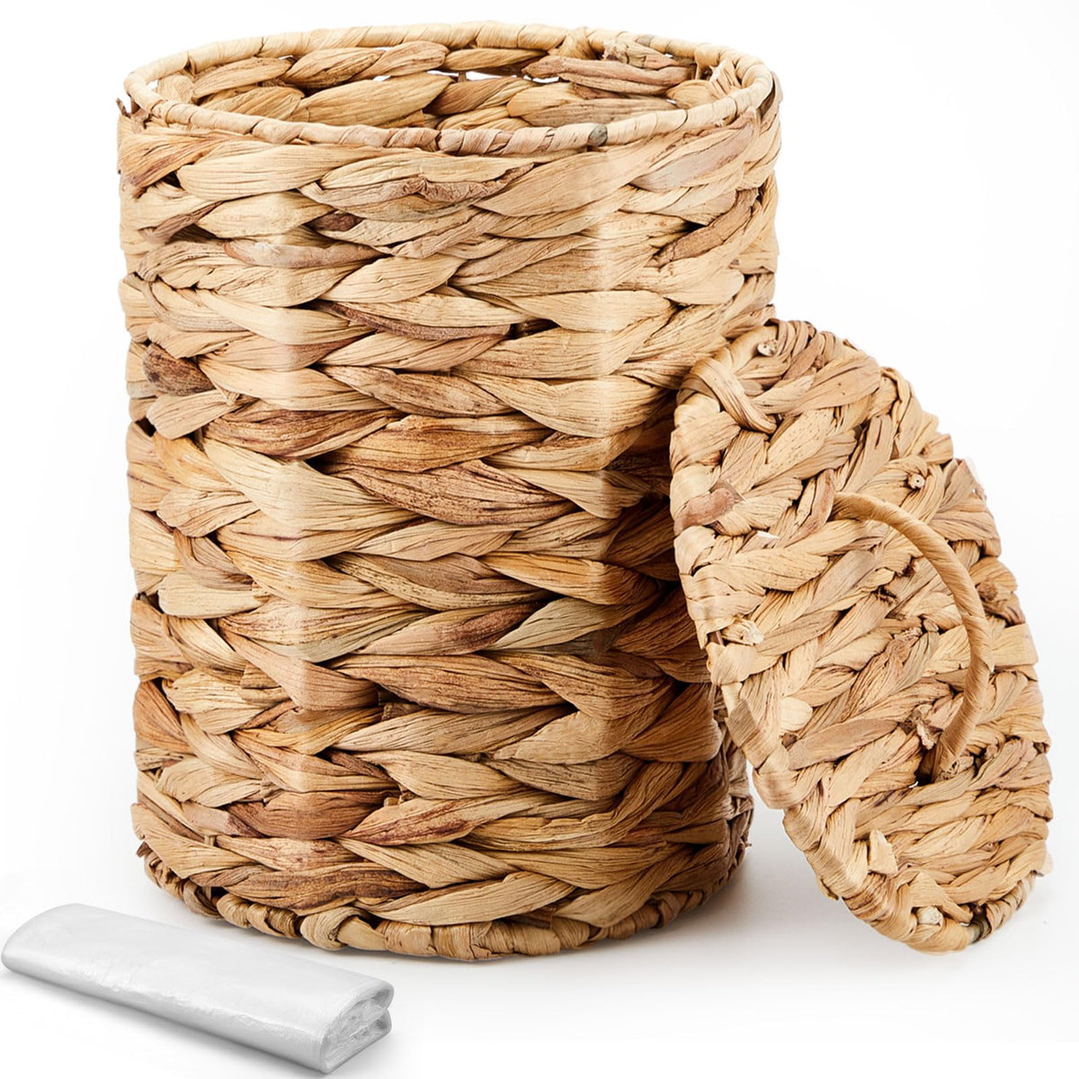 Ctosree small wicker trash can with lid for tidy spaces.