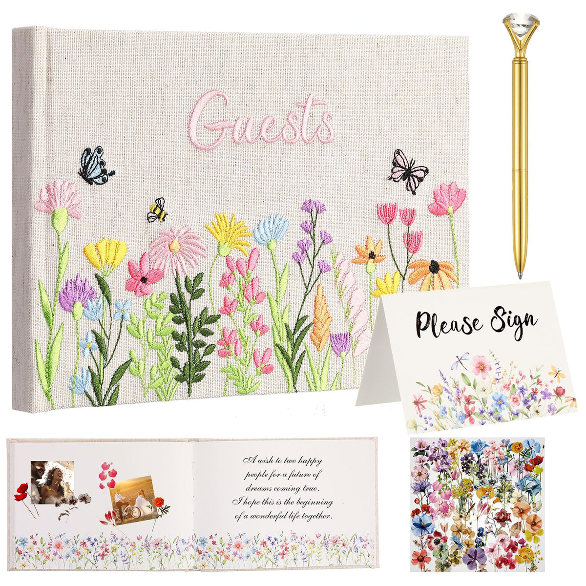 CTOSREE wedding guest book with wildflowers embroidery on fabric cover for elegant memories