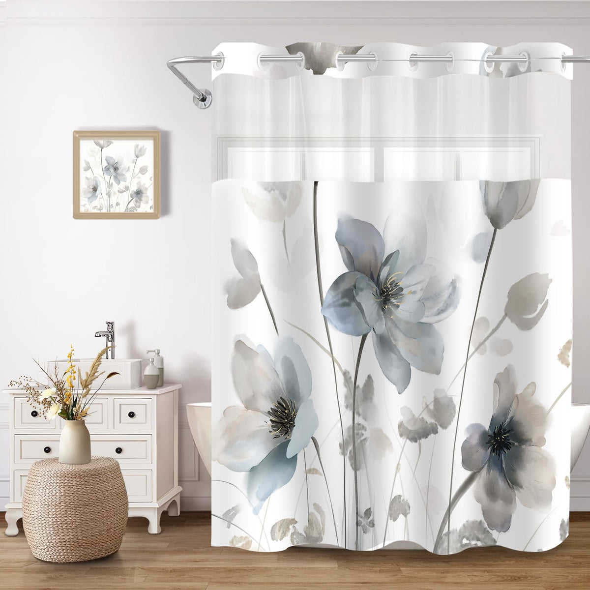 CTOTSYC no-hook shower curtain front view for quick setup and cleaning.
