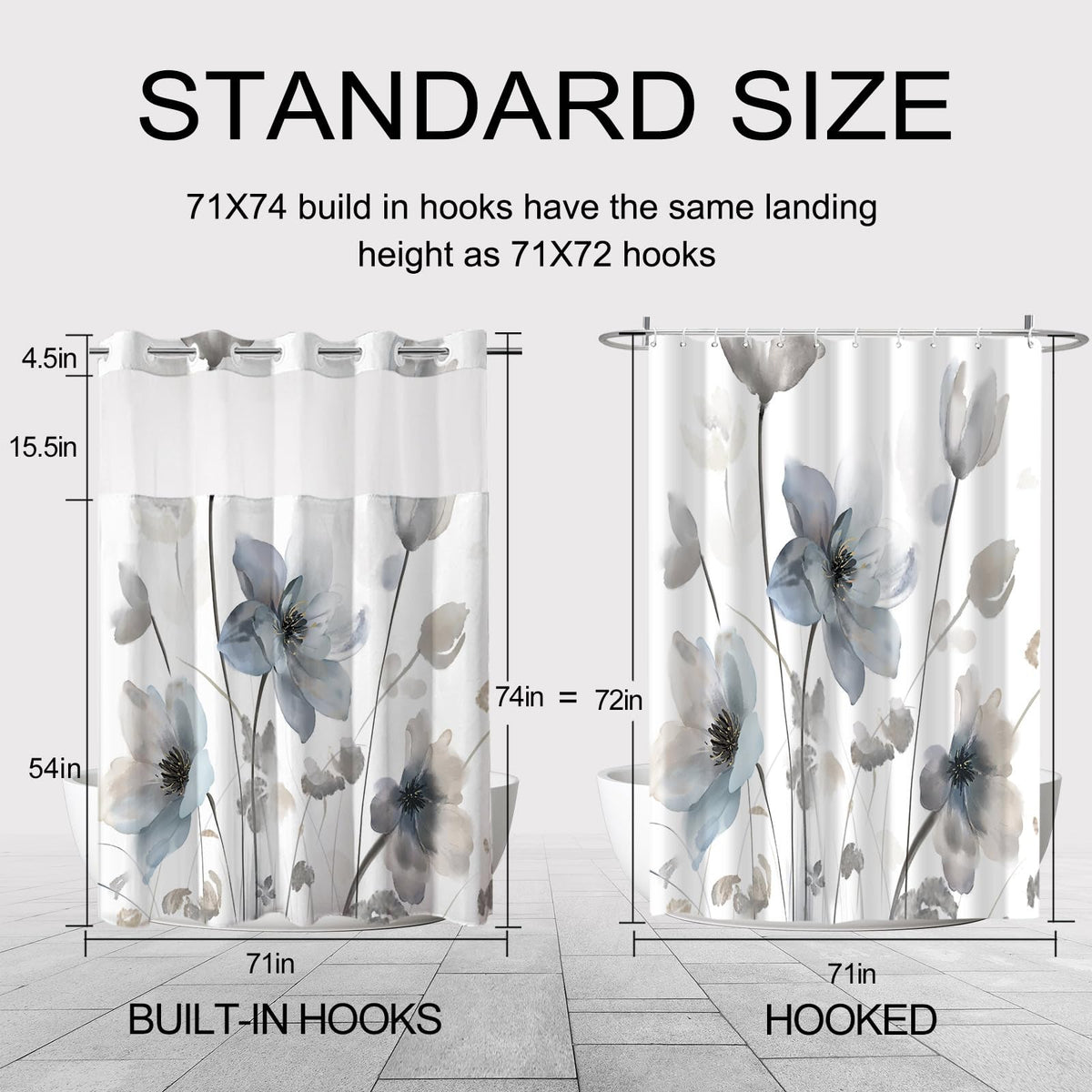 CTOTSYC standard size 71x74 fits most bathrooms.