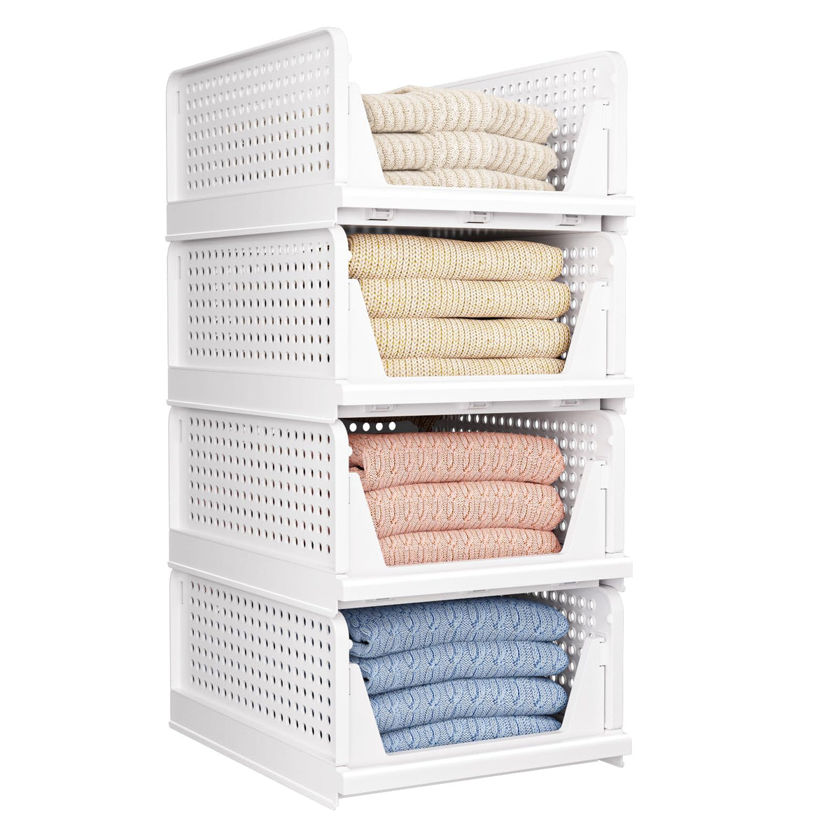 CTSNSLH 4-pack folding closet organizers neatly store shoes and garments in a tidy wardrobe.