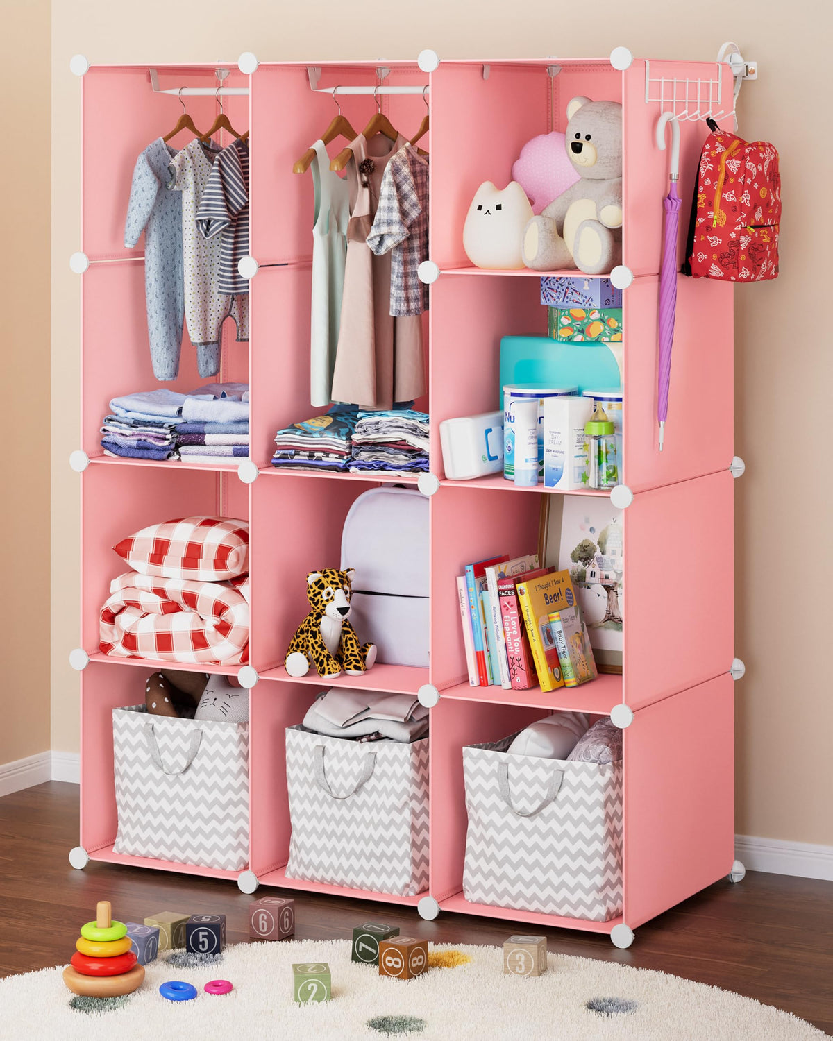 CUBEDIY baby closet organizer in pink with sturdy shelves for growing outfits