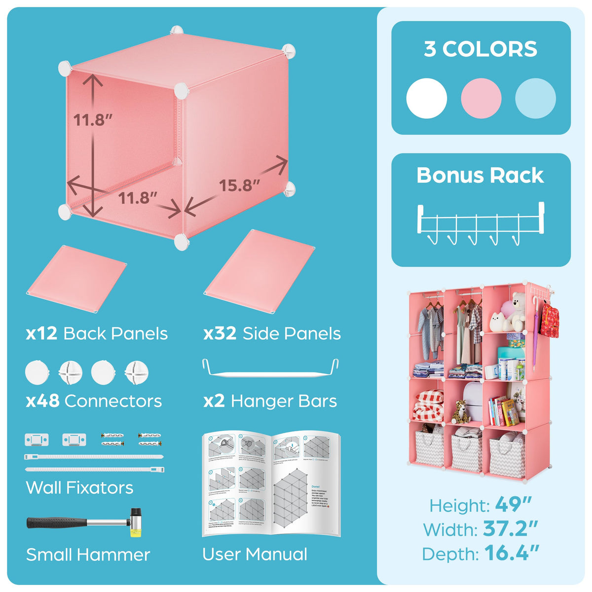 CUBEDIY modular shelves and hanging areas fit growing baby wardrobes