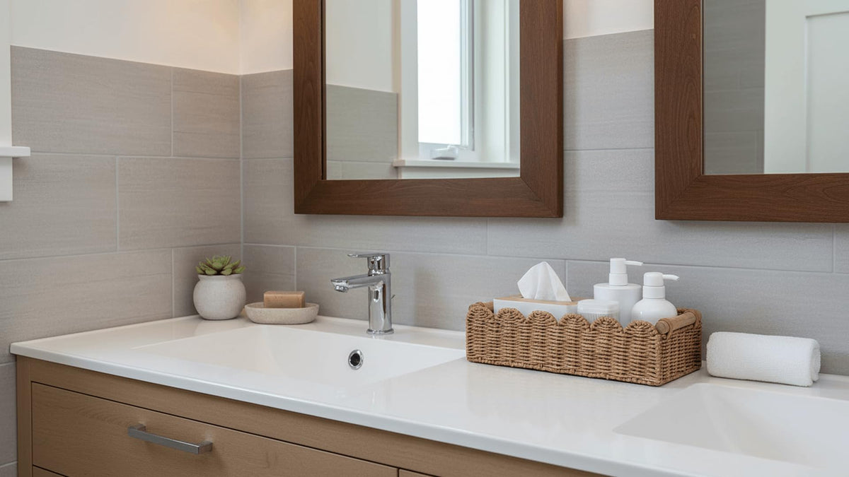 CubesLand bathroom decor set of two baskets in neutral tones.