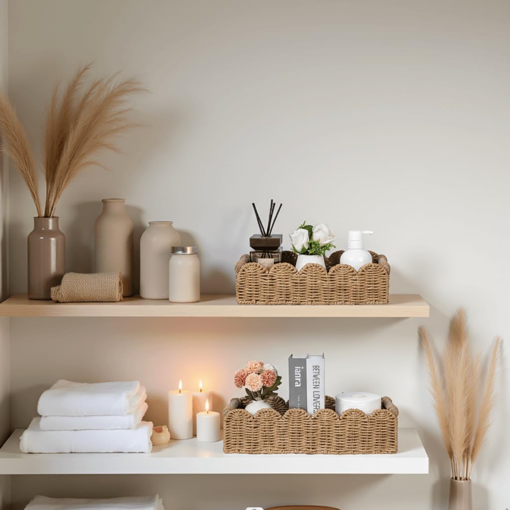 CubesLand living room shelf organization with neutral-tone baskets.